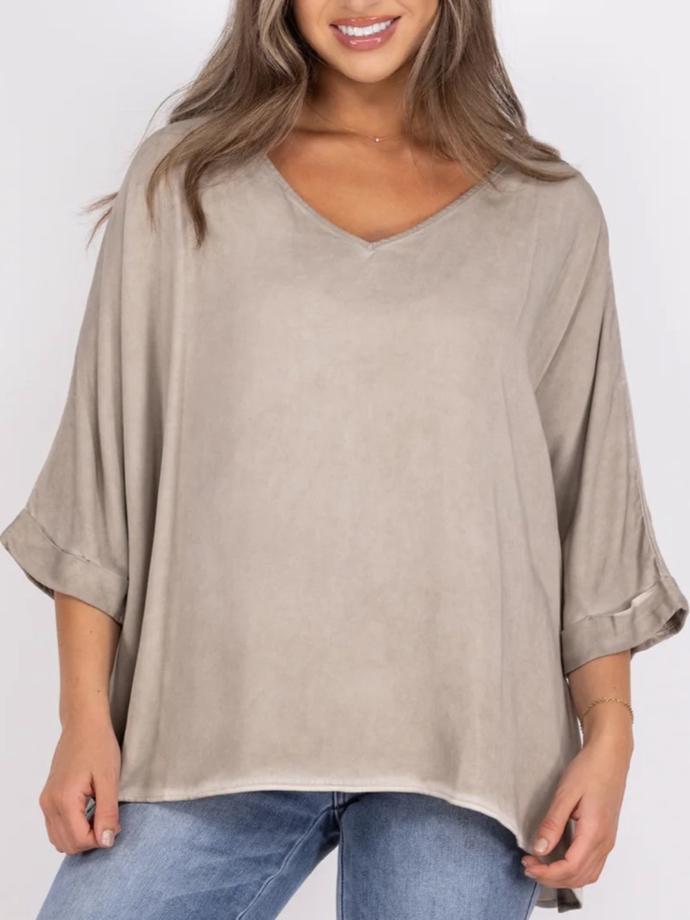 🟠NWT ANDREE BY UNIT Plus Oversized V-Neck Mineral Washed Top in Mocha 1X